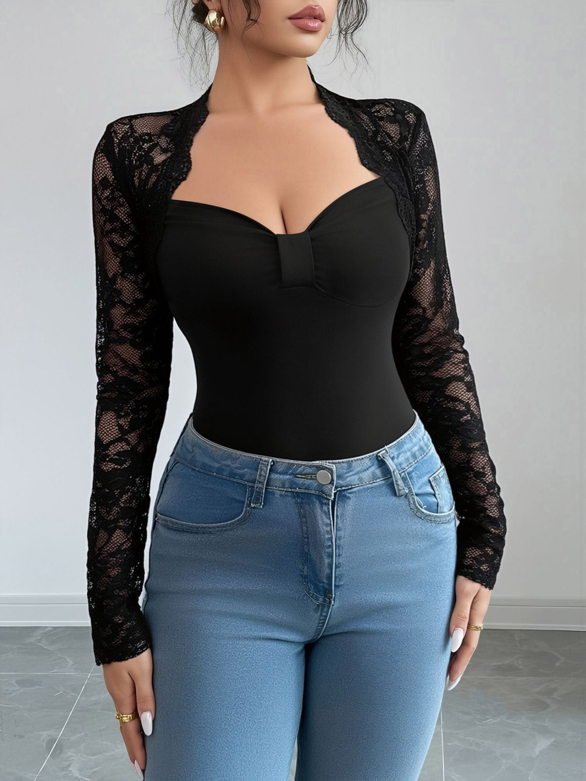 Lace Patchwork Long Sleeve Slim Fit Blouse