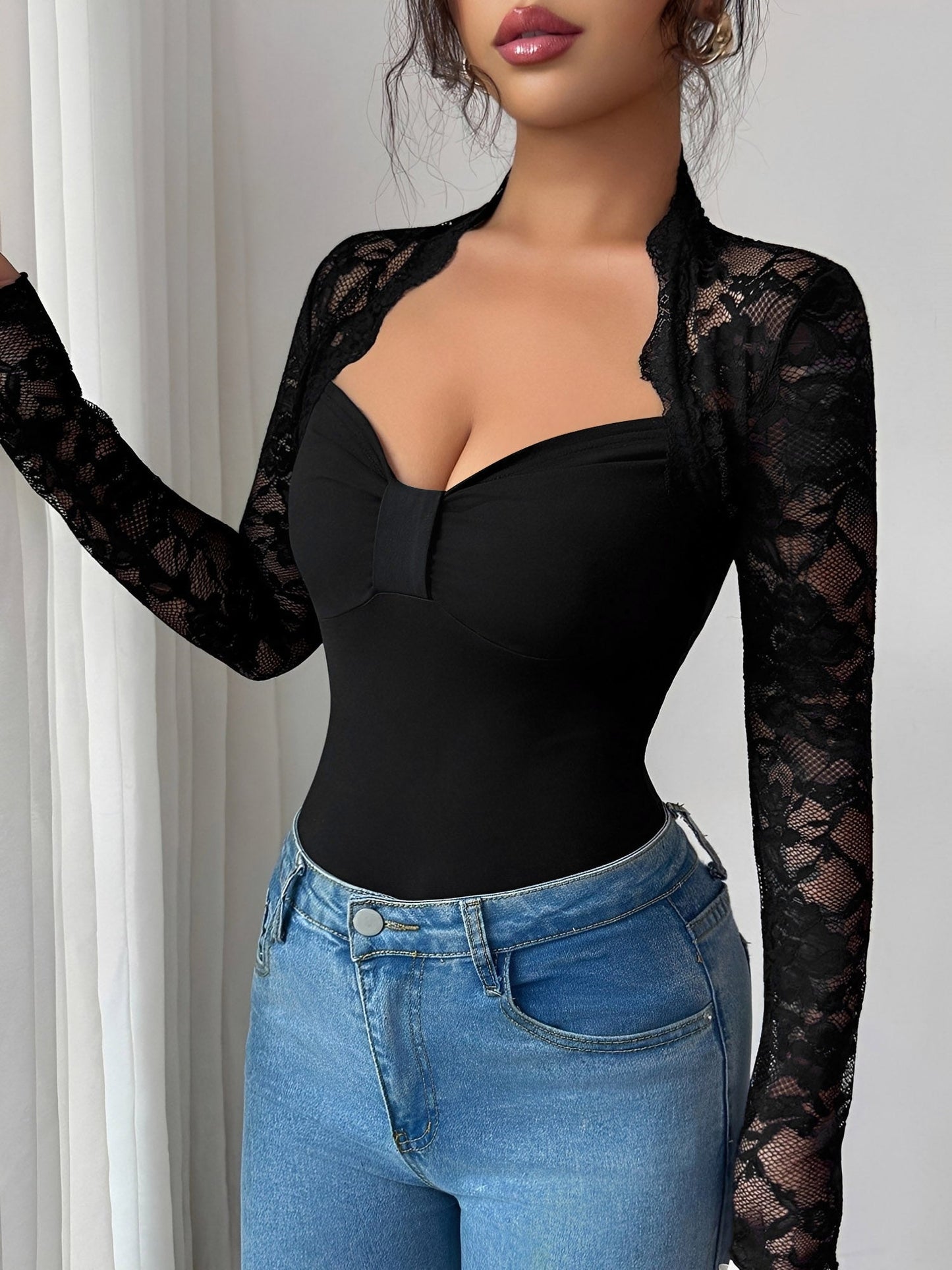 Lace Patchwork Long Sleeve Slim Fit Blouse