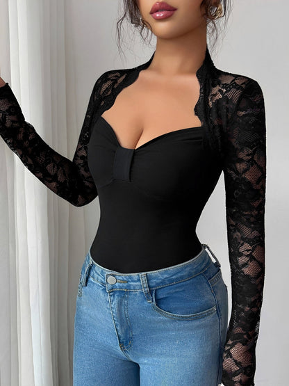 Lace Patchwork Long Sleeve Slim Fit Blouse