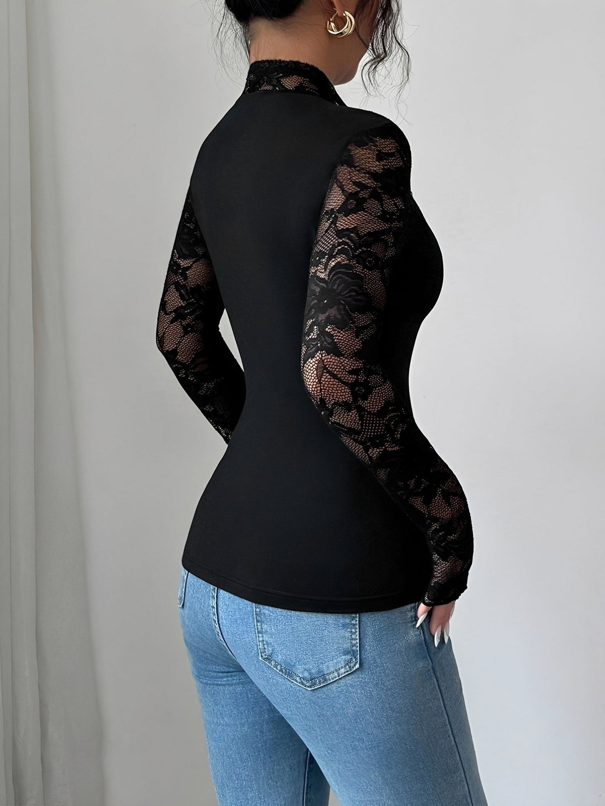 Lace Patchwork Long Sleeve Slim Fit Blouse