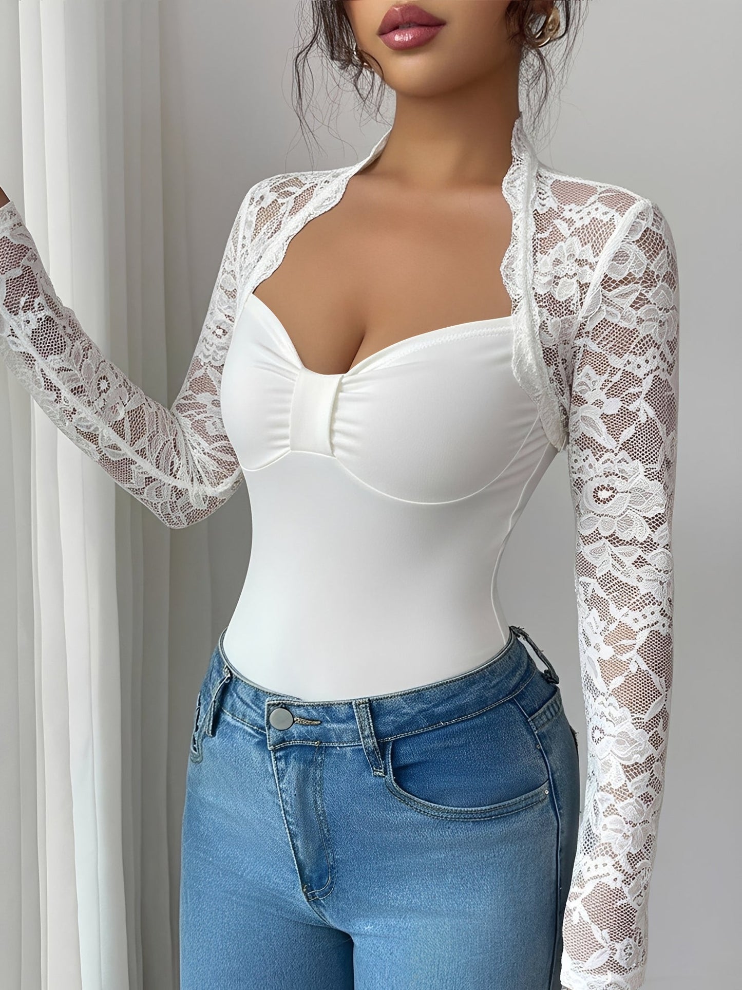 Lace Patchwork Long Sleeve Slim Fit Blouse