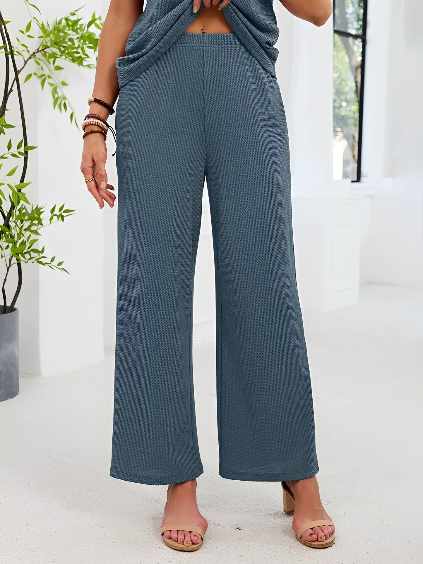 2 Pieces Solid Color Round Neck Top & Wide Legs Long Trousers Pants Casual Matching Set