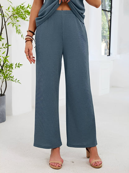 2 Pieces Solid Color Round Neck Top & Wide Legs Long Trousers Pants Casual Matching Set