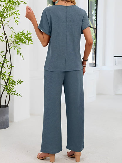 2 Pieces Solid Color Round Neck Top & Wide Legs Long Trousers Pants Casual Matching Set