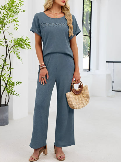 2 Pieces Solid Color Round Neck Top & Wide Legs Long Trousers Pants Casual Matching Set