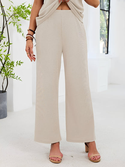 2 Pieces Solid Color Round Neck Top & Wide Legs Long Trousers Pants Casual Matching Set