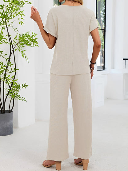 2 Pieces Solid Color Round Neck Top & Wide Legs Long Trousers Pants Casual Matching Set