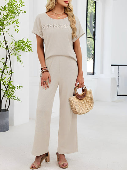 2 Pieces Solid Color Round Neck Top & Wide Legs Long Trousers Pants Casual Matching Set