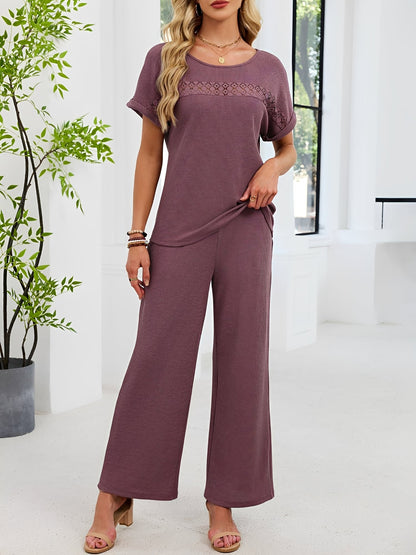 2 Pieces Solid Color Round Neck Top & Wide Legs Long Trousers Pants Casual Matching Set