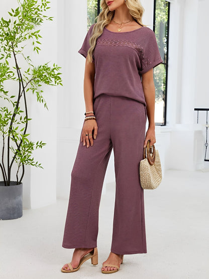 2 Pieces Solid Color Round Neck Top & Wide Legs Long Trousers Pants Casual Matching Set