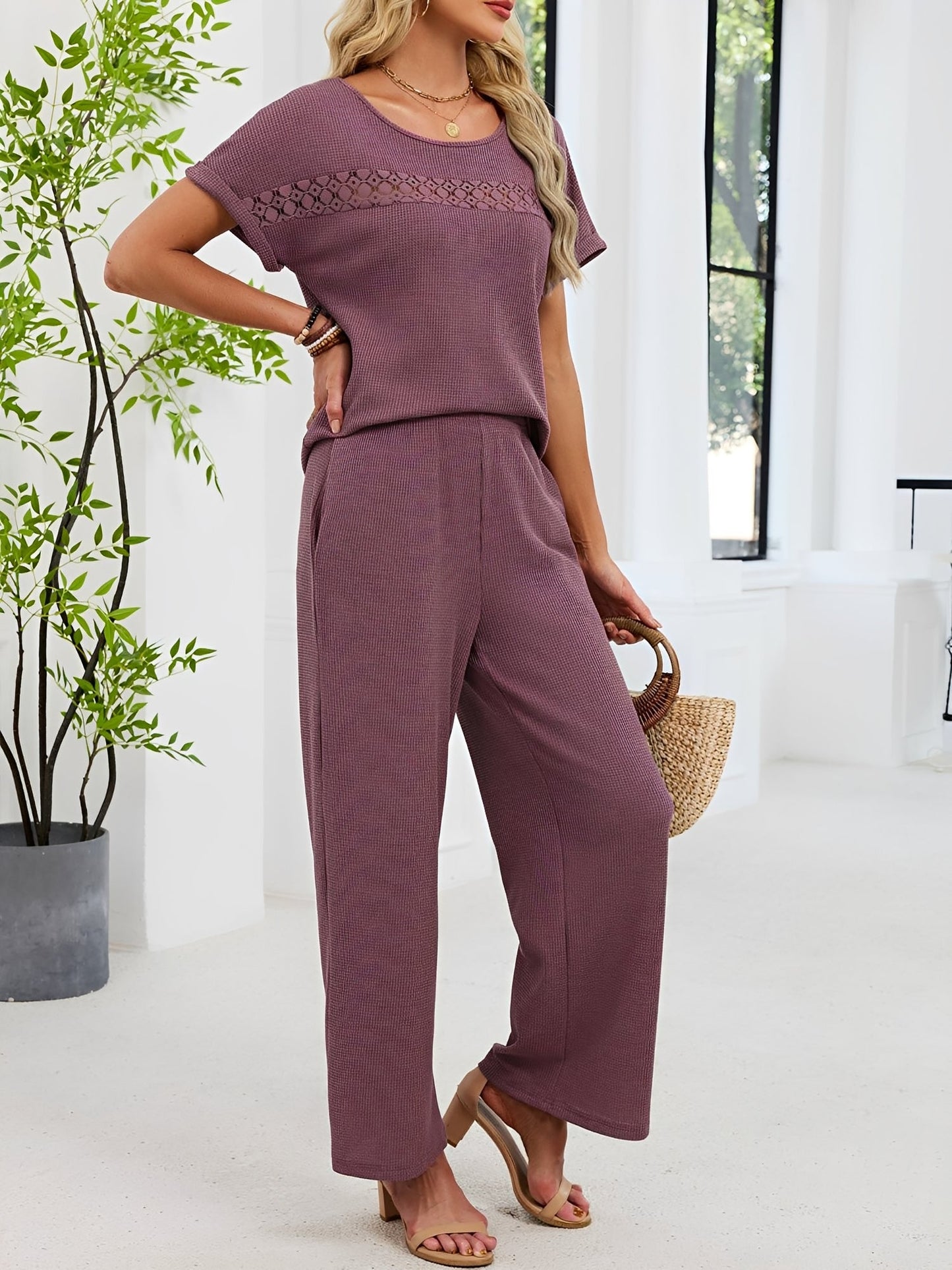2 Pieces Solid Color Round Neck Top & Wide Legs Long Trousers Pants Casual Matching Set