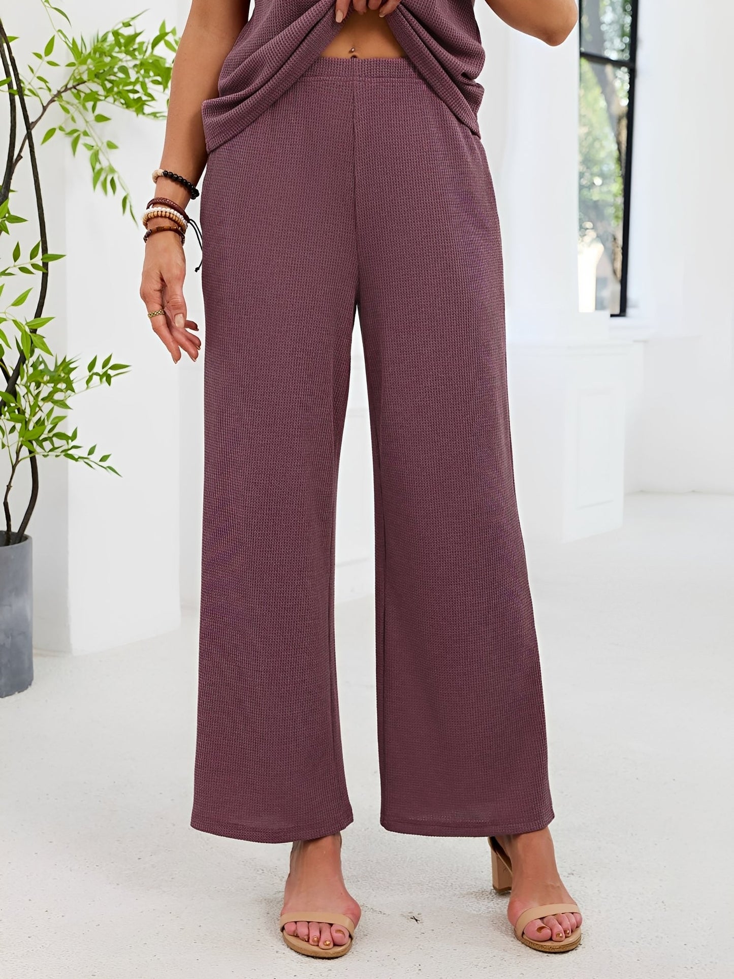 2 Pieces Solid Color Round Neck Top & Wide Legs Long Trousers Pants Casual Matching Set
