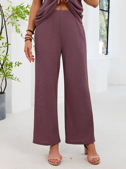 2 Pieces Solid Color Round Neck Top & Wide Legs Long Trousers Pants Casual Matching Set