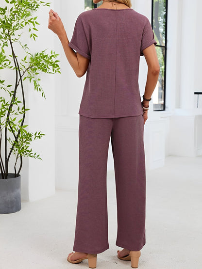 2 Pieces Solid Color Round Neck Top & Wide Legs Long Trousers Pants Casual Matching Set