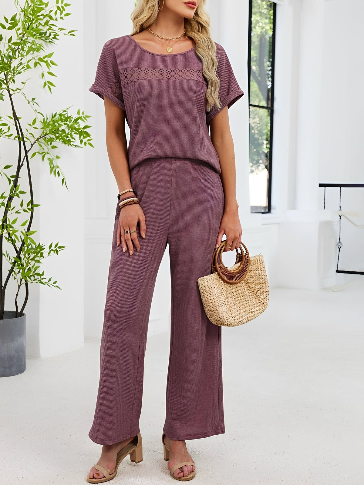 2 Pieces Solid Color Round Neck Top & Wide Legs Long Trousers Pants Casual Matching Set