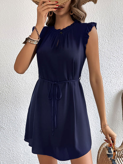Ruffled Cap Sleeves Lace-Up Mini Chiffon Dress