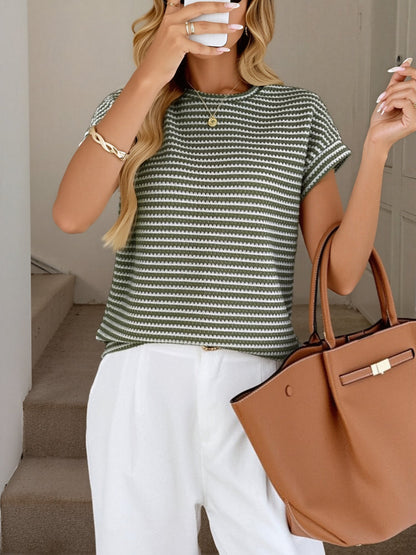 Crew Neck Pullover Knit Short Sleeve Top