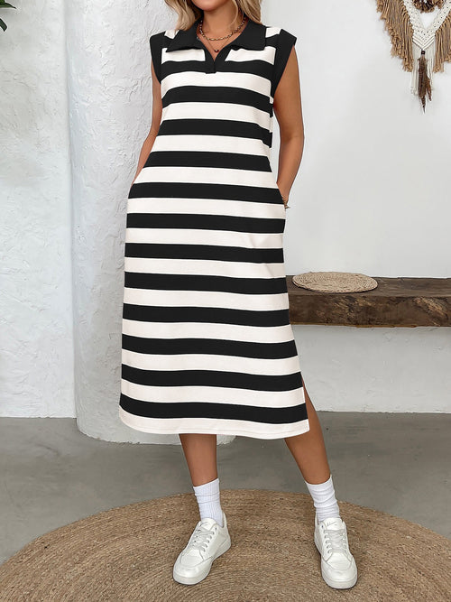 Striped Pocket Collared Sleeveless Midi Dress
