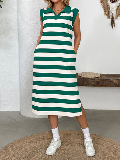 Striped Pocket Collared Sleeveless Midi Dress