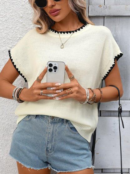 Color-Block Round Neck Short Sleeve Knitted Blouse