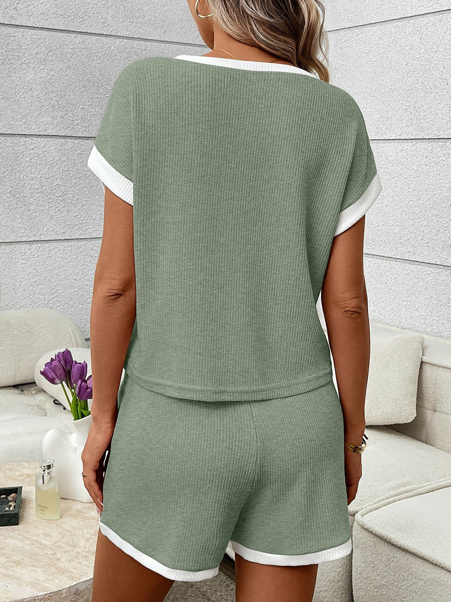 2 Pieces Color-Block Round Neck Short Sleeve Top and Shorts Matching Set