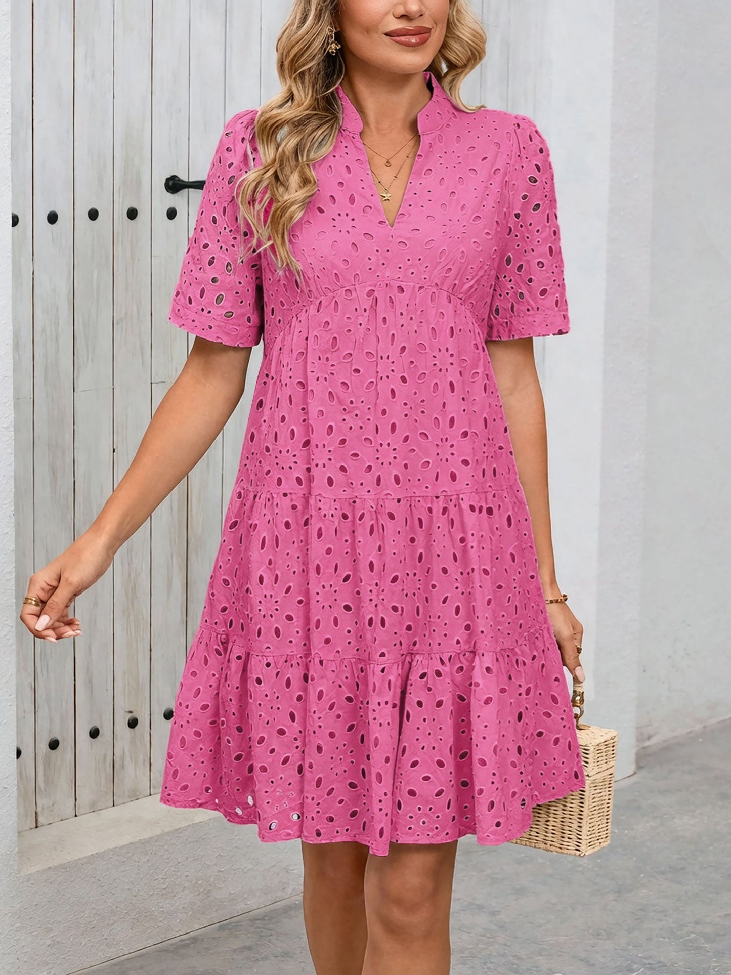 Eyelet Cotton Notch Neck Puff Sleeves Tiered Midi Dress