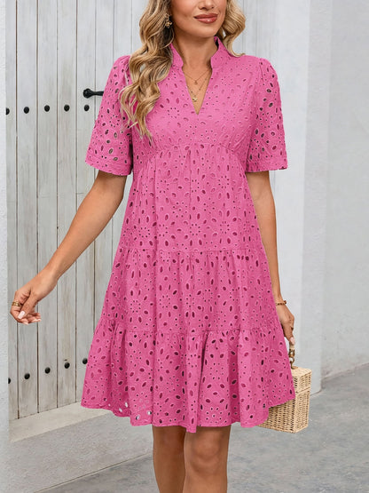 Eyelet Cotton Notch Neck Puff Sleeves Tiered Midi Dress