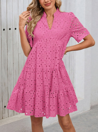 Eyelet Cotton Notch Neck Puff Sleeves Tiered Midi Dress