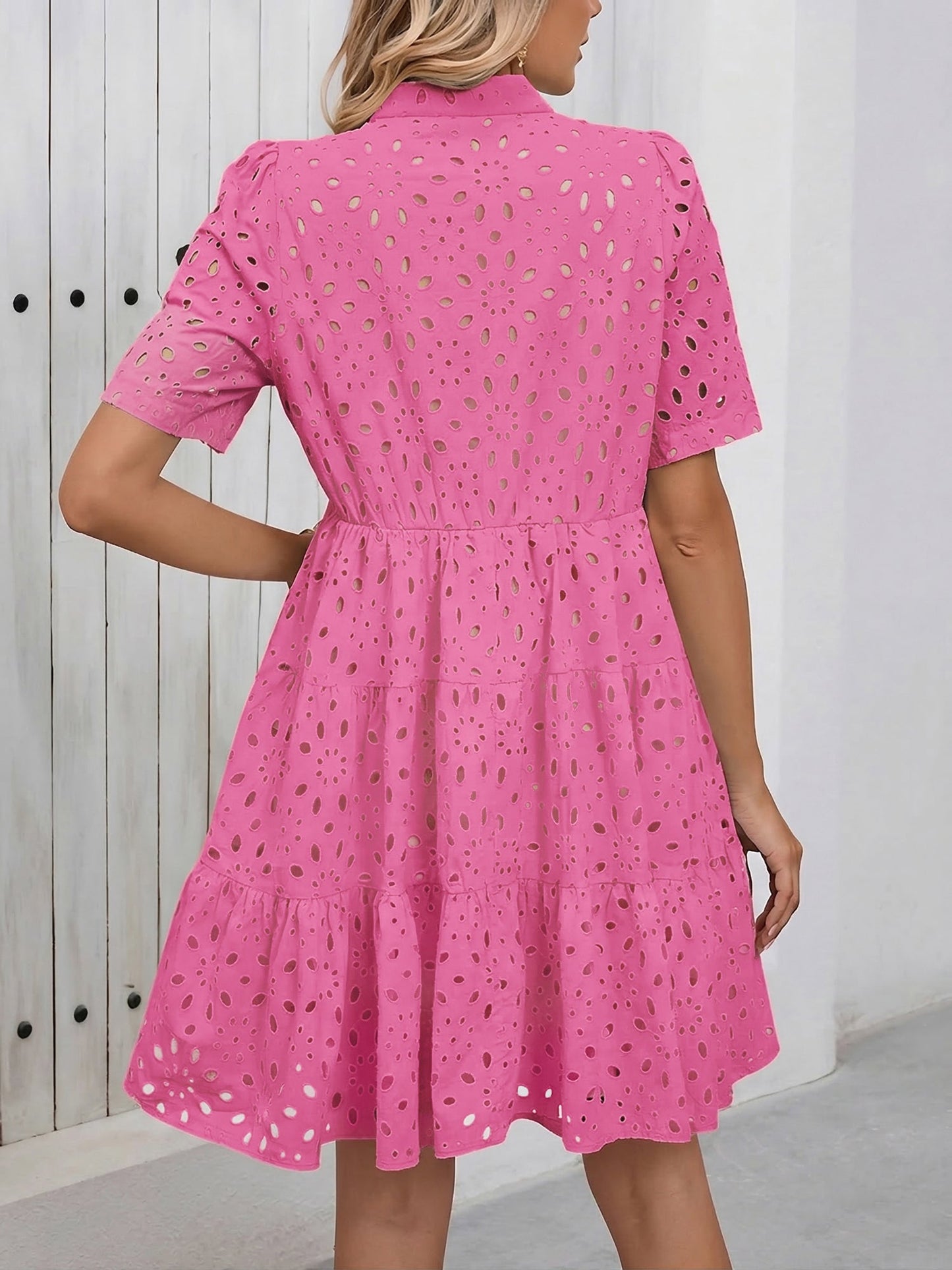Eyelet Cotton Notch Neck Puff Sleeves Tiered Midi Dress