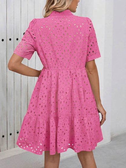 Eyelet Cotton Notch Neck Puff Sleeves Tiered Midi Dress