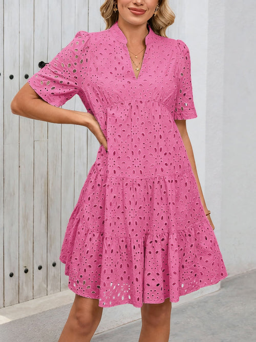 Eyelet Cotton Notch Neck Puff Sleeves Tiered Midi Dress