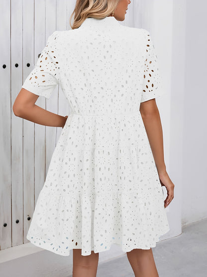 Eyelet Cotton Notch Neck Puff Sleeves Tiered Midi Dress
