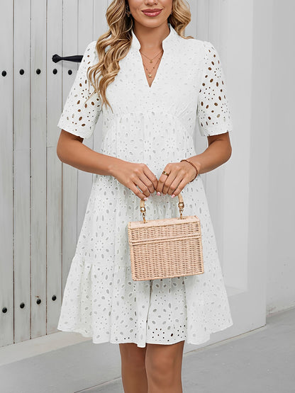 Eyelet Cotton Notch Neck Puff Sleeves Tiered Midi Dress
