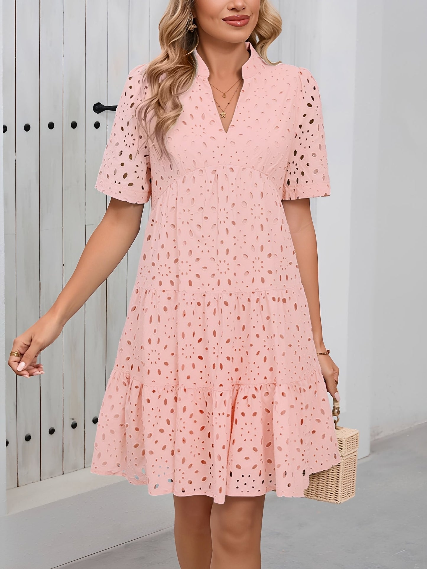 Eyelet Cotton Notch Neck Puff Sleeves Tiered Midi Dress