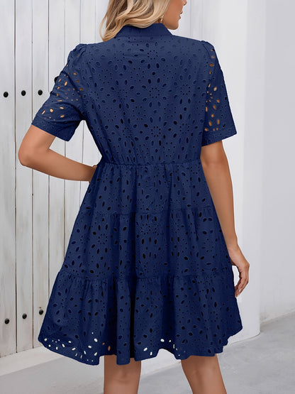 Eyelet Cotton Notch Neck Puff Sleeves Tiered Midi Dress