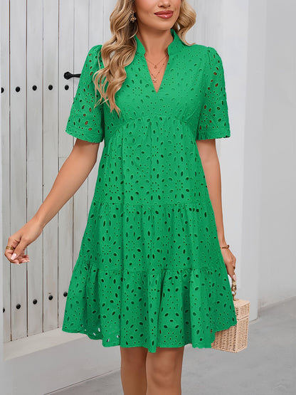 Eyelet Cotton Notch Neck Puff Sleeves Tiered Midi Dress