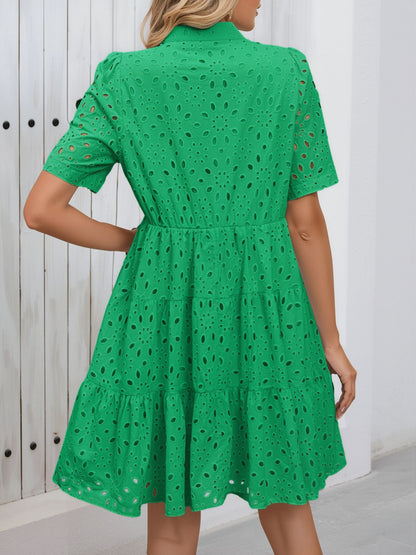 Eyelet Cotton Notch Neck Puff Sleeves Tiered Midi Dress