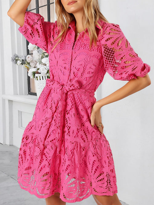 Lace Collared Puff Sleeves Tie Waist Midi Dress