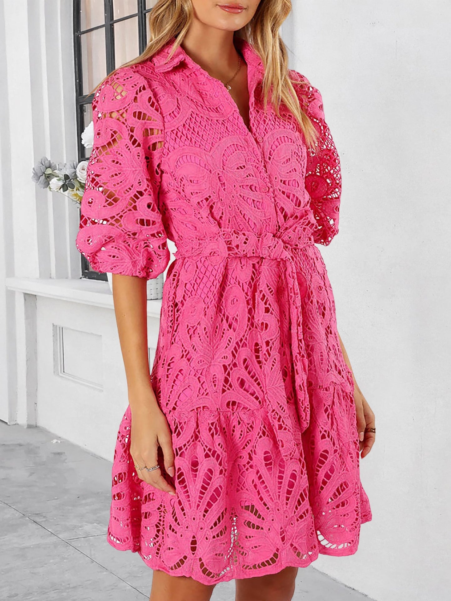 Lace Collared Puff Sleeves Tie Waist Midi Dress