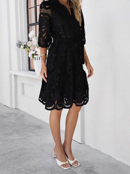 Lace Collared Puff Sleeves Tie Waist Midi Dress