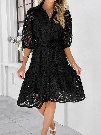 Lace Collared Puff Sleeves Tie Waist Midi Dress
