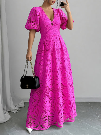 Lace V Neck Puff Sleeves A-Line Maxi Dress