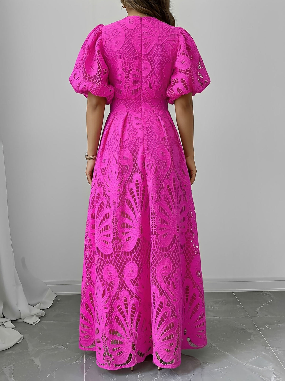 Lace V Neck Puff Sleeves A-Line Maxi Dress
