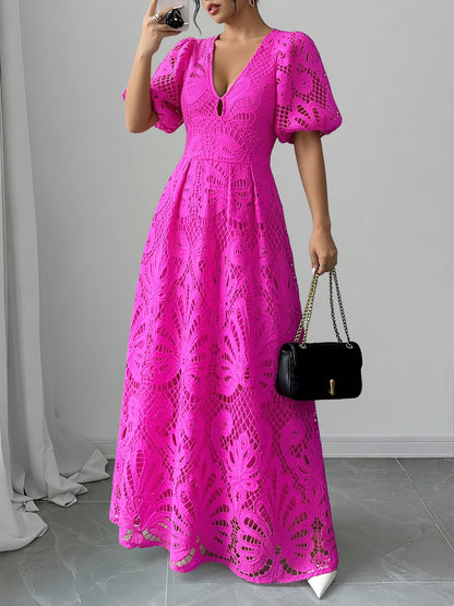 Lace V Neck Puff Sleeves A-Line Maxi Dress