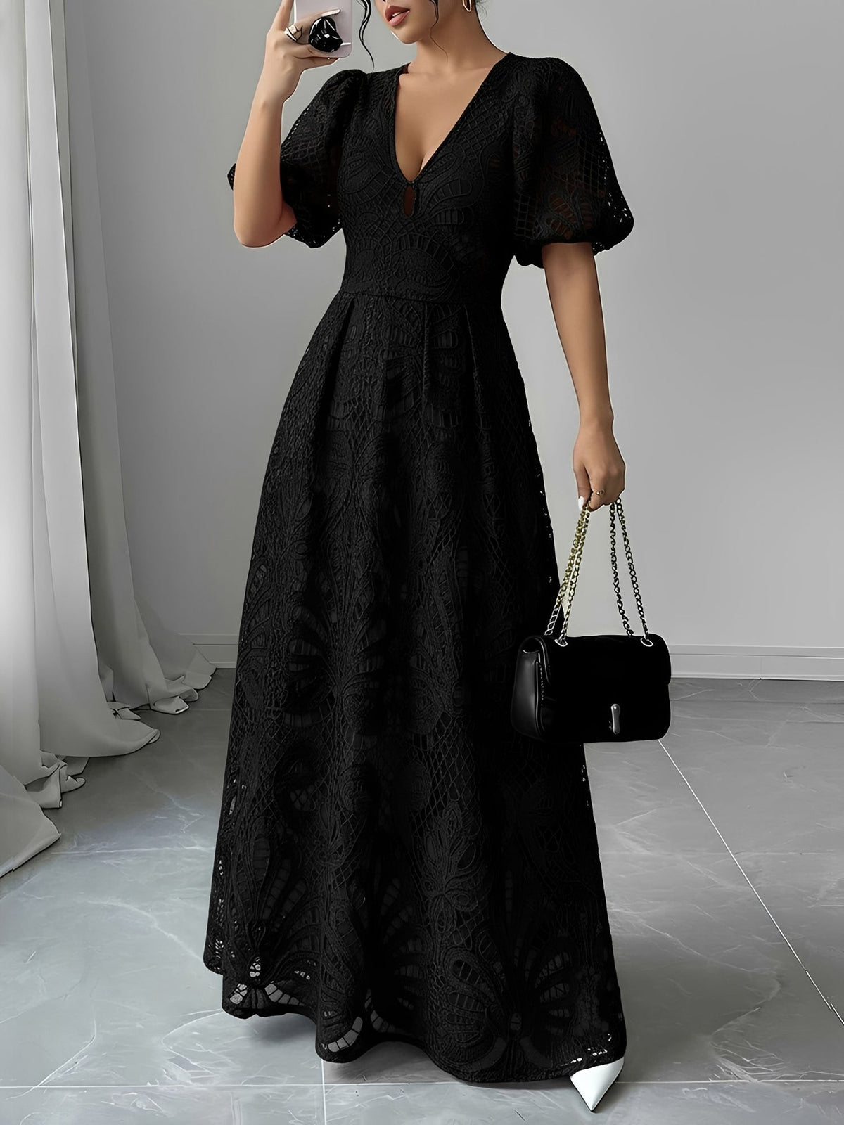 Lace V Neck Puff Sleeves A-Line Maxi Dress
