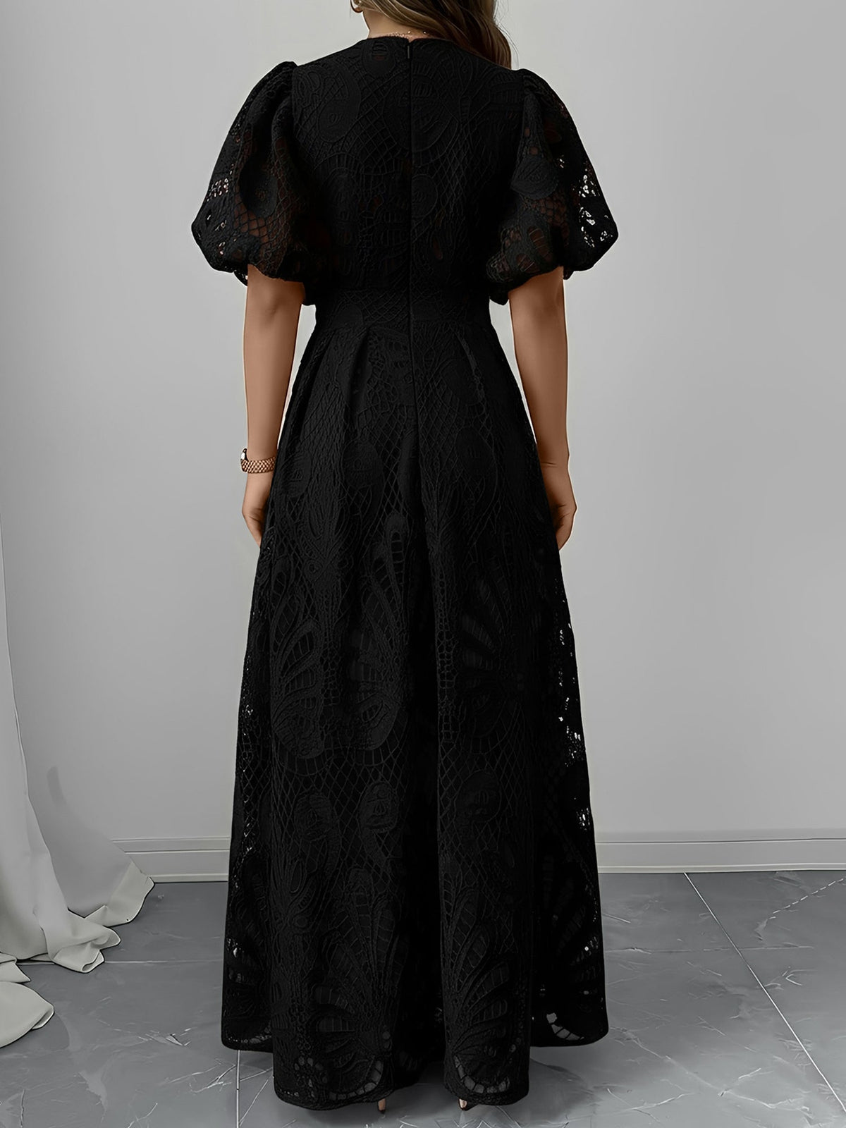 Lace V Neck Puff Sleeves A-Line Maxi Dress