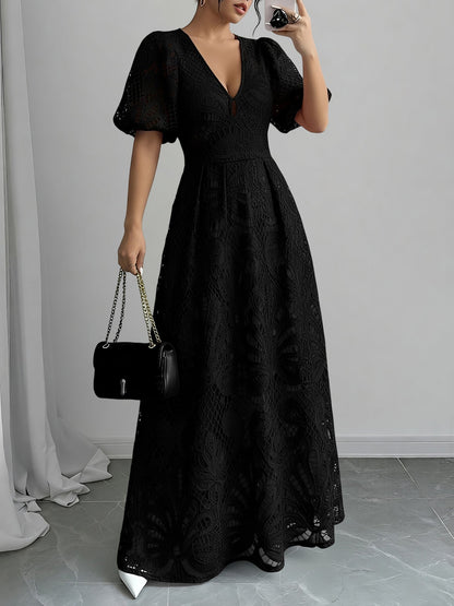 Lace V Neck Puff Sleeves A-Line Maxi Dress