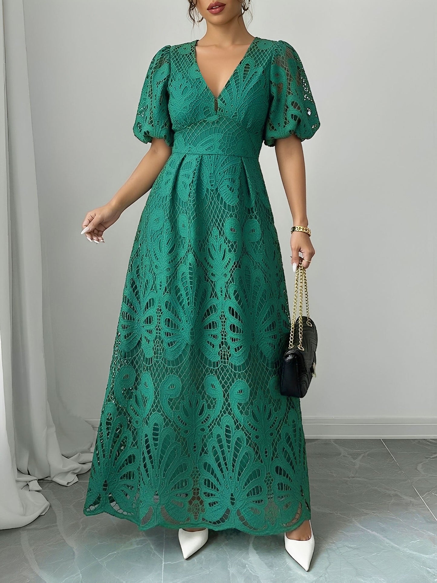 Lace V Neck Puff Sleeves A-Line Maxi Dress
