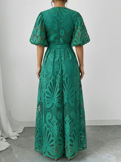 Lace V Neck Puff Sleeves A-Line Maxi Dress