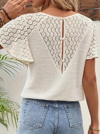 V Neck Lace Short Sleeves Casual-Chic Loose-Fit Blouse